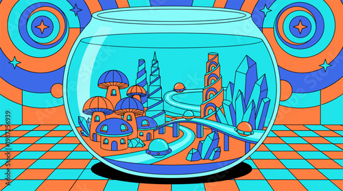 Retro Futuristic City Inside Glass Fishbowl With Mushroom Houses Pop Surrealism Flat Illustration With Bold Outlines