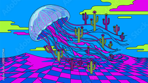 Massive Floating Jellyfish Over Desert Checkerboard Dunes Pop Surrealism Flat Illustration With Bold Outlines