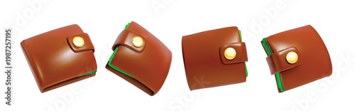 Brown Leather Bifold Wallet from different angles isolated 3D vector icon render illustration
