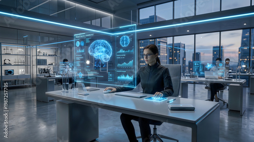 Futuristic office space with holographic display and woman working