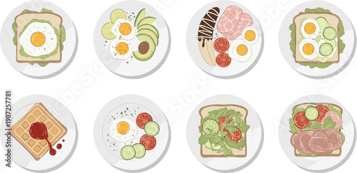 Healthy Breakfast Plate Set with Eggs, Avocado, Toast, and Vegetables in Colorful Vector Illustrations for Food, Nutrition, and Meal Planning Designs