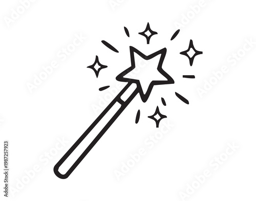 Magic wand sparkle. Fantasy themed enchanted wand with shimmering sparkles and whimsical charm. Delicately drawn magical prop featuring twinkling sparks and fairy tale enchantment mood