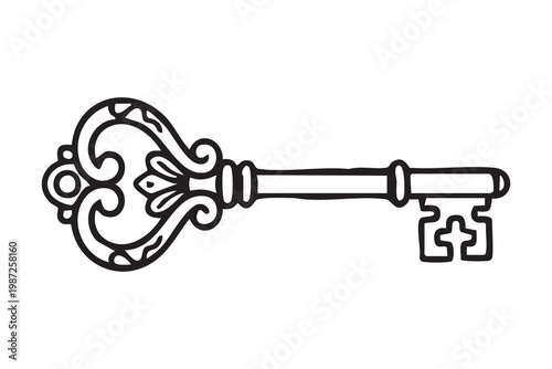 Decorative antique key. Intricate metal skeleton unlocks secrets. Ornate skeleton key with detailed bow and bit. Decorative metal skeleton key with elaborate design and symbolic significance