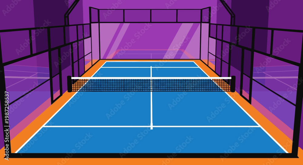 Fototapeta premium An illustration of a blue padel tennis court with orange borders and black fencing.