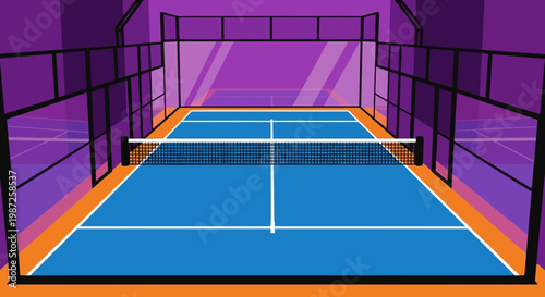 An illustration of a blue padel tennis court with orange borders and black fencing.