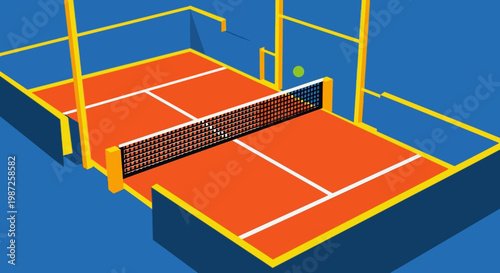 An illustration of a padel tennis court with orange surface and yellow frame.