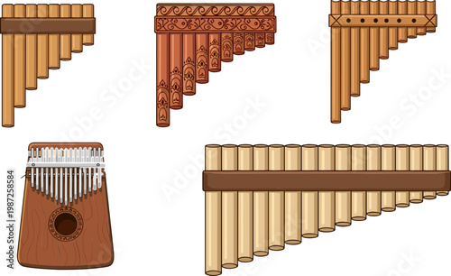 Pan Flute Instrument Set with Wooden Pipes, Traditional Andean Music, Folk Wind Instruments, Cultural Sound Tools, and Acoustic Musical Illustration Collection