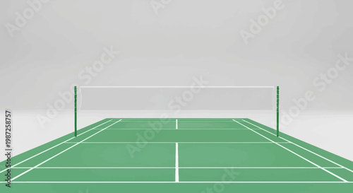 Badminton court with green floor and net.