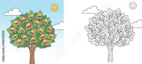 Cute Cartoon Tree with Smiling Leaves Coloring Page for Kids, Happy Tree Educational Activity Sheet with Colored Example for Children and Preschoolers Vector Illustration