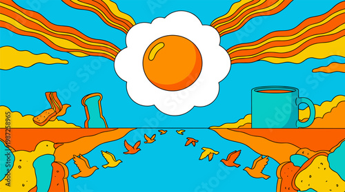 Breakfast Sky with Fried Egg Sun and Bacon Clouds Pop Surrealism Flat Illustration with Bold Outlines