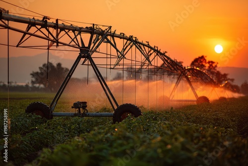 Agricultural irrigation system watering crops at sunset