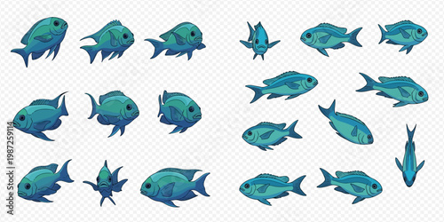 Set of blue fish illustrations in various poses and angles on a transparent background.