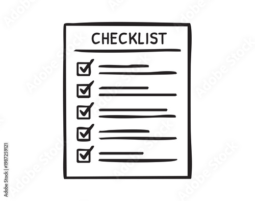 Checklist page showing five checked boxes and lined items, handdrawn black ink style on white background, header labeled checklist, visual metaphor for task completion, productivity, habit tracking,