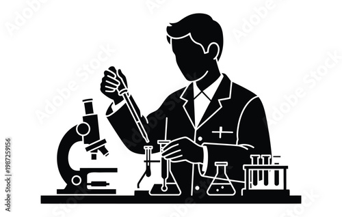Silhouette of a scientist conducting an experiment in a laboratory setting with beakers and microscope