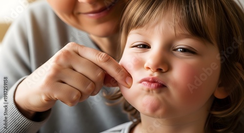 Cute Little Child Smiling While Cheek Is Pinched