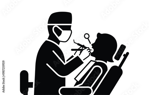 Dental examination silhouette a black and white icon depicting a dentist checking a patient's teeth
