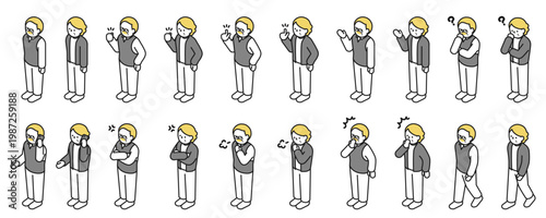 アイソメトリックイラスト：色々なポーズのシニア男女