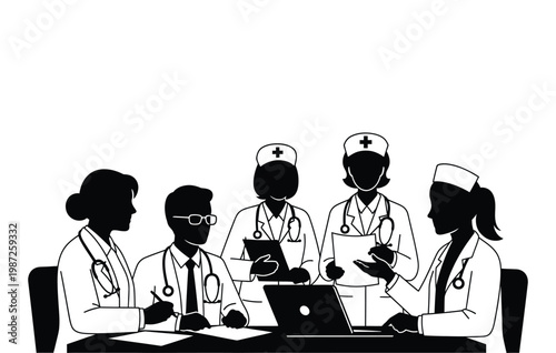 Medical team collaboration a silhouette depiction of doctors and nurses in a meeting