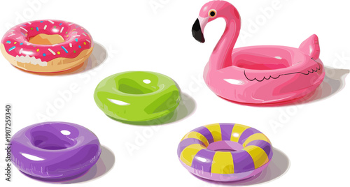 Inflatable Pool Float Vector Set, Donut, Flamingo, and Colorful Rings, Summer Fun, Water Play, and Vacation Icons for Pool, Beach, and Leisure Designs