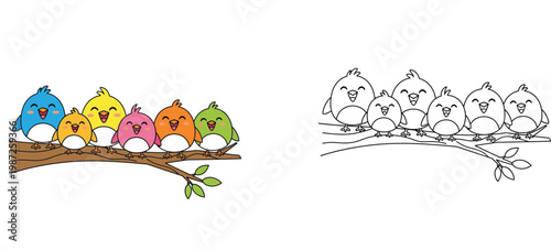 Cute Cartoon Birds on a Branch Coloring Page for Kids, Happy Colorful Birds Educational Activity Sheet with Outline Example for Children and Preschoolers Vector Illustration