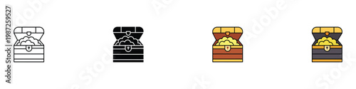 Treasure chest with gold coins icon set for gaming and wealth concept. Open wooden pirate trunk and fantasy loot box symbols. Vector Illustration.