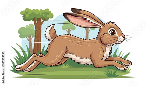 Fast Running Jackrabbit in Forest – Fluffy Brown Hare Cartoon Vector Illustration
