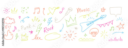 Hand drawn music and punk rock doodle set for creative design concept. Minimalist collection of guitar, microphone, and rebel lifestyle symbols. Vector Illustration.