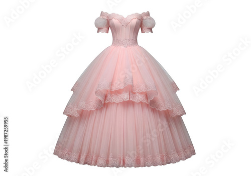 Elegant pink ball gown with voluminous tulle skirt and lace detailing isolated on transparent background