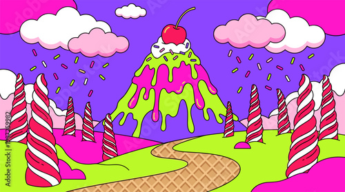 Melting Ice Cream Sundae Mountain in Candy Land Forest Pop Surrealism Flat Illustration with Bold Outlines