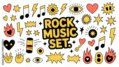 A vibrant hand drawn illustration showcases various symbols representing rock music including hearts stars notes and lightning bolts high quality professional detailed modern elegant stylish clean