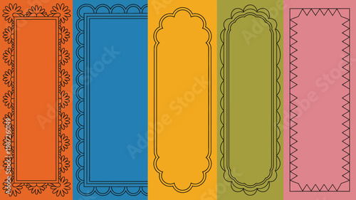 A vibrant arrangement of four rectangular frames in orange blue yellow and pink each with unique decorative borders high quality professional detailed modern elegant stylish clean