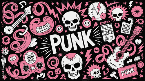 A vibrant pink and black illustration showcases punk rock iconography including skulls guitars and cassette tapes with the word punk prominently displayed high quality professional detailed