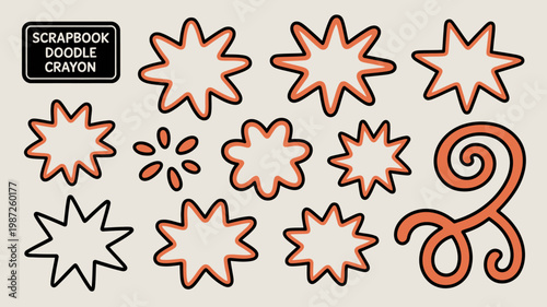 A collection of whimsical orange and white doodle style stickers including stars flowers and a spiral arranged on a neutral background high quality professional detailed modern