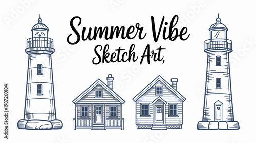 A charming black and white sketch depicts two lighthouses flanking a quaint cottage evoking a serene coastal summer atmosphere high quality professional detailed modern elegant stylish