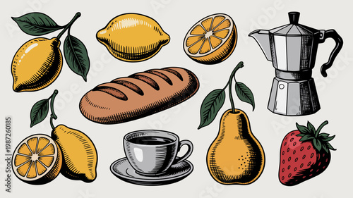 A vintage style illustration depicts lemons a pear strawberry bread coffee and a stovetop espresso maker high quality professional detailed modern elegant stylish clean crisp vibrant