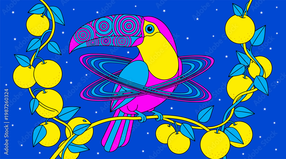 Obraz premium Tropical Toucan with Geometric Fruit and Concentric Rings Pop Surrealism Flat Illustration with Bold Outlines