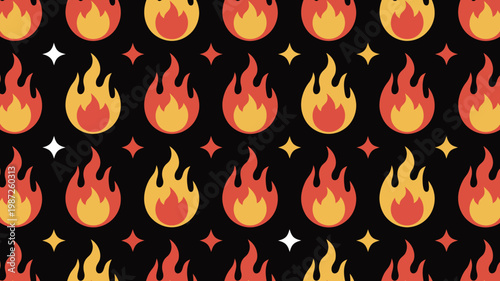 A seamless pattern features vibrant flames and scattered stars against a stark black background creating a bold and dynamic design high quality professional detailed modern elegant
