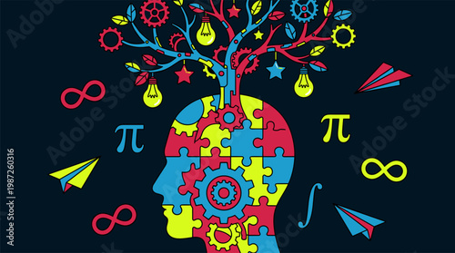 Human Silhouette with Mechanical Gear Tree and Stars Pop Surrealism Flat Illustration with Bold Outlines