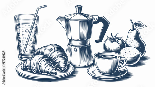 A vintage style illustration depicts a breakfast still life with coffee a croissant fruits and a moka pot high quality professional detailed modern elegant stylish clean