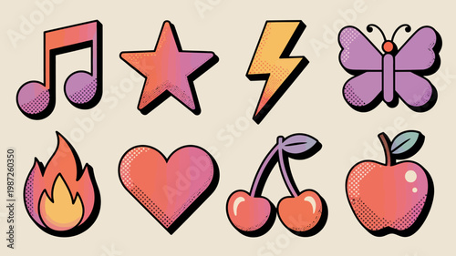 A colorful collection of playful icons is displayed including a musical note star lightning bolt butterfly and various fruits high quality professional detailed modern elegant stylish