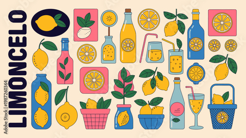 A colorful illustration showcases a variety of limoncello themed items including lemons bottles glasses and decorative elements high quality professional detailed modern elegant stylish clean crisp