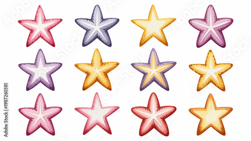 A colorful arrangement of watercolor starfish showcasing various hues and shades against a plain white background high quality professional detailed modern elegant stylish clean crisp vibrant