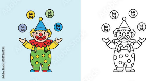 Funny Cartoon Clown Laughing Juggling Ha Ha Bubbles Coloring Page for Kids, Educational Activity Sheet with Colored Example for Children and Preschoolers Vector Illustration