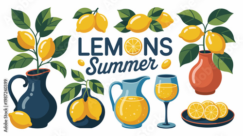 A vibrant illustration showcases lemons lemonade and pitchers evoking a summery feel with bright colors and botanical elements high quality professional detailed modern elegant stylish clean