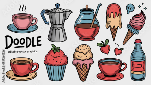 A colorful doodle illustration features various sweet treats and hot beverages including coffee ice cream and a cupcake high quality professional detailed modern elegant stylish clean