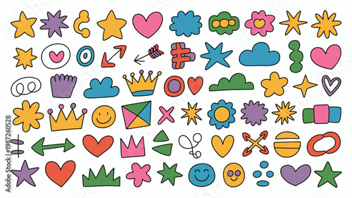 A vibrant collection of hand drawn doodles features colorful stars hearts flowers clouds and various playful shapes in a whimsical arrangement high quality professional detailed modern