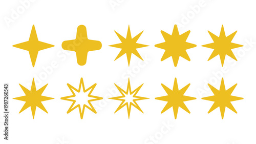 A collection of vibrant yellow starbursts and star shapes are displayed against a clean white background creating a playful design high quality professional detailed modern elegant