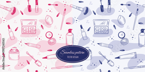 Seamless background with hand-drawn makeup elements. Beauty concept. Vector drawing for fabric, wallpaper, wrapping paper, and more