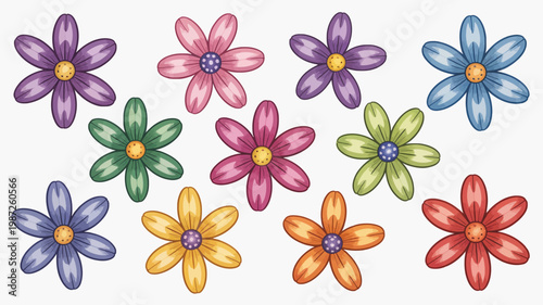 A colorful arrangement of cartoon flowers in various shades of purple pink blue green orange and yellow is displayed high quality professional detailed modern elegant stylish