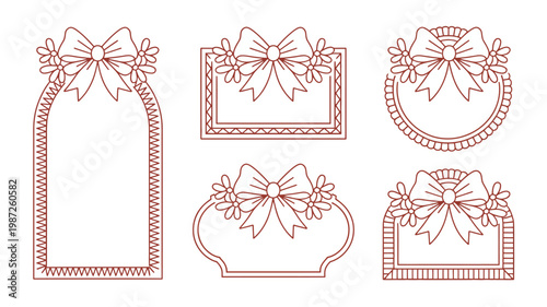 A collection of six ornate hand drawn style frames adorned with bows and floral embellishments in a reddish brown hue high quality professional detailed modern elegant